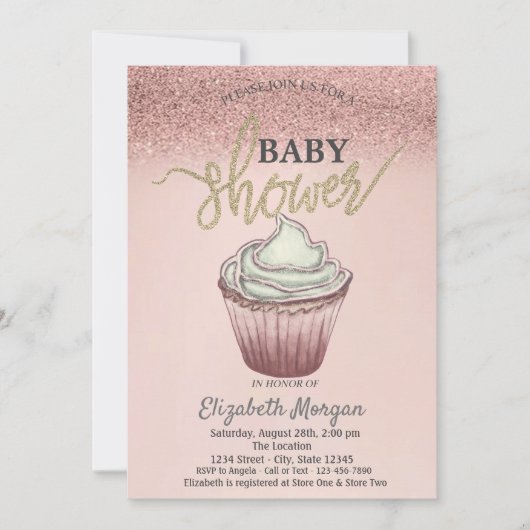 Invitation Cute Rose Cupcake Parties scintillant or (Devant)