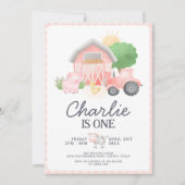 Invitation Cute Rose Farm Animaux Fille 1er anniversaire (Devant)