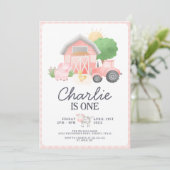 Invitation Cute Rose Farm Animaux Fille 1er anniversaire (Debout devant)