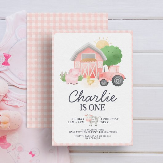 Invitation Cute Rose Farm Animaux Fille 1er anniversaire