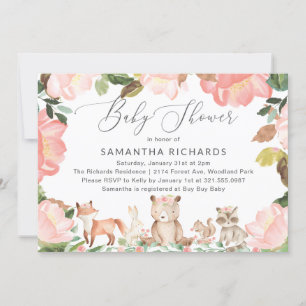 Invitation Cute rose Floral Bois Animaux Fille Baby shower