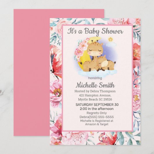 Invitation Cute rose Floral Giraffe Baby shower Maman (Devant / Derrière)