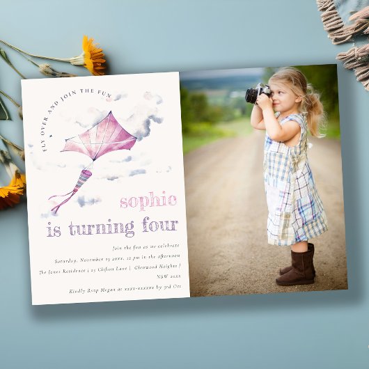 Invitation Cute Rose Flying Kite Sky Nuds Photo Anniversaire