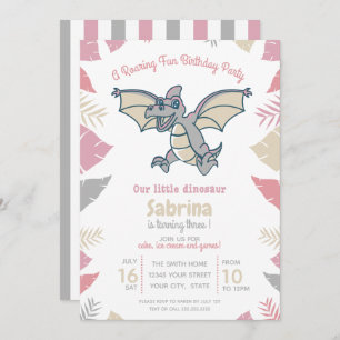 Invitation Cute rose Grey Tan Dinosaur fête d'anniversaire de
