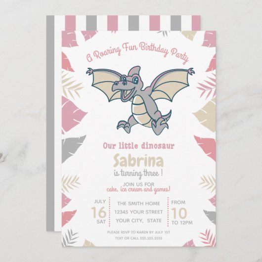 Invitation Cute rose Grey Tan Dinosaur fête d'anniversaire de (Devant / Derrière)