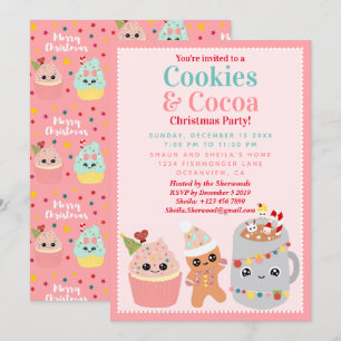Invitation Cute Rose Kawaii Cookies et fête de Noël de cacao