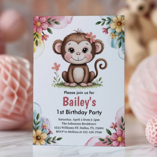 Invitation Cute rose Kids Monkey 1er anniversaire fête