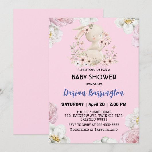 Invitation Cute rose lapin fleur lapin fleur bébé douche (Devant / Derrière)