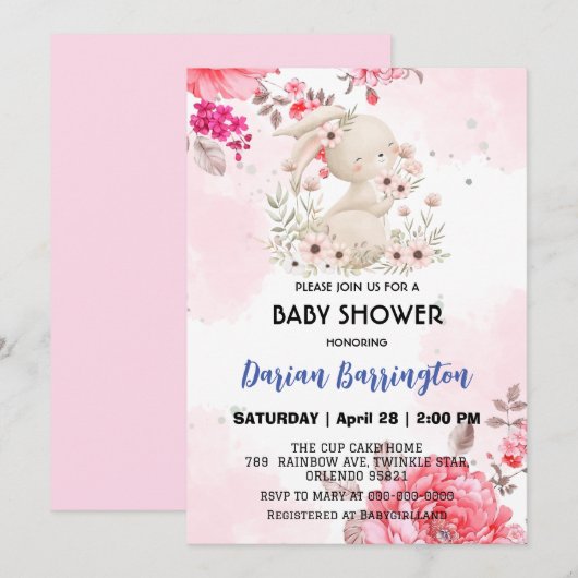 Invitation Cute rose lapin fleur lapin fleur bébé douche (Devant / Derrière)