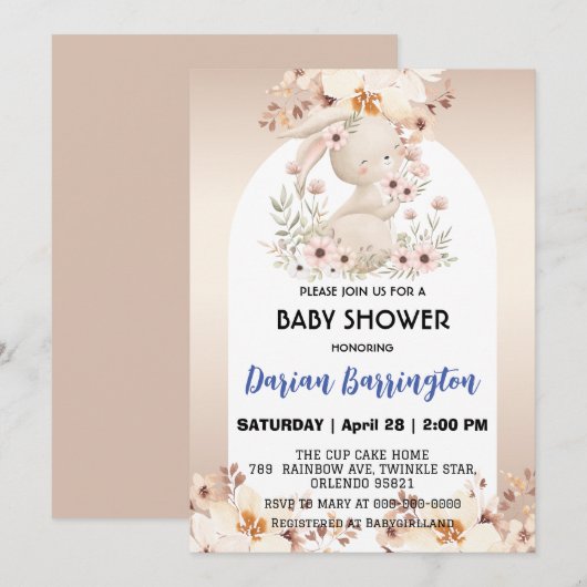 Invitation Cute rose lapin fleurs lapin bébé fille douche (Devant / Derrière)