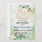 Invitation Cute rose lapin fleurs lapin bébé fille douche (Devant)