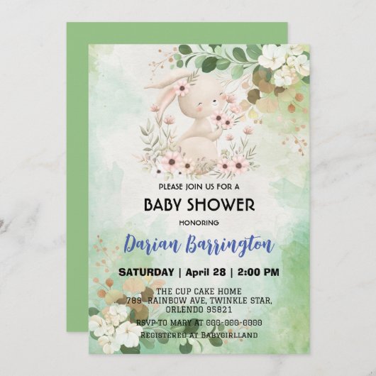 Invitation Cute rose lapin fleurs lapin bébé fille douche (Devant / Derrière)