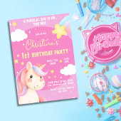Invitation Cute rose magique moderne licorne étoile 1er anniv
