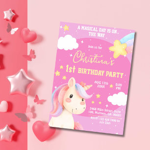 Invitation Cute rose magique moderne licorne étoile 1er anniv
