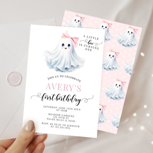 Invitation Cute Rose Petit Boo Ghost Bow Anniversaire Fille