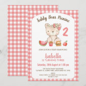 Invitation Cute rose Plaid Teddy Bear Pique-nique Anniversair (Devant / Derrière)