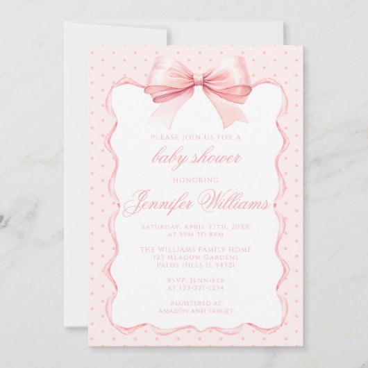 Invitation Cute rose polkadot arc ruban bébé fille douche (Devant)