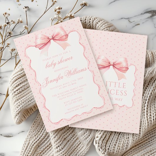 Invitation Cute rose polkadot arc ruban bébé fille douche