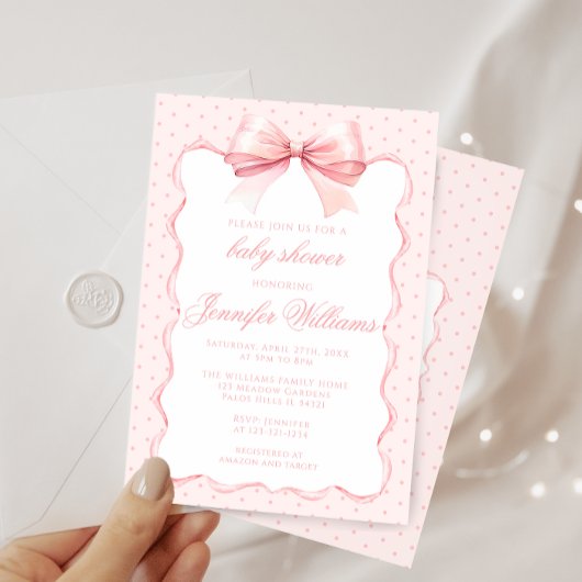 Invitation Cute rose polkadot arc ruban bébé fille douche