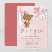Invitation Cute rose Teddy Bear C'est un Baby shower de fille (Devant / Derrière)