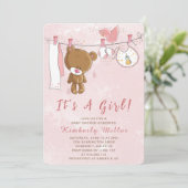 Invitation Cute rose Teddy Bear C'est un Baby shower de fille (Debout devant)