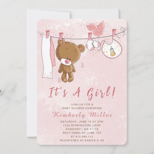 Invitation Cute rose Teddy Bear C'est un Baby shower de fille (Devant)
