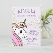 Invitation Cute Rose Unicorn fille Anniversaire de enfant (Debout devant)