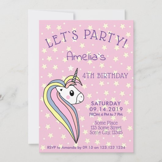 Invitation Cute Rose Unicorn fille Anniversaire de enfant (Devant)