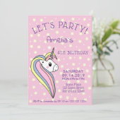 Invitation Cute Rose Unicorn fille Anniversaire de enfant (Debout devant)