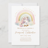 Invitation Cute rose Unicorne avec Rainbow Birthday (Devant)