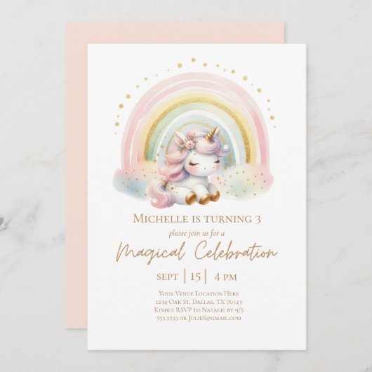 Invitation Cute rose Unicorne avec Rainbow Birthday (Devant / Derrière)