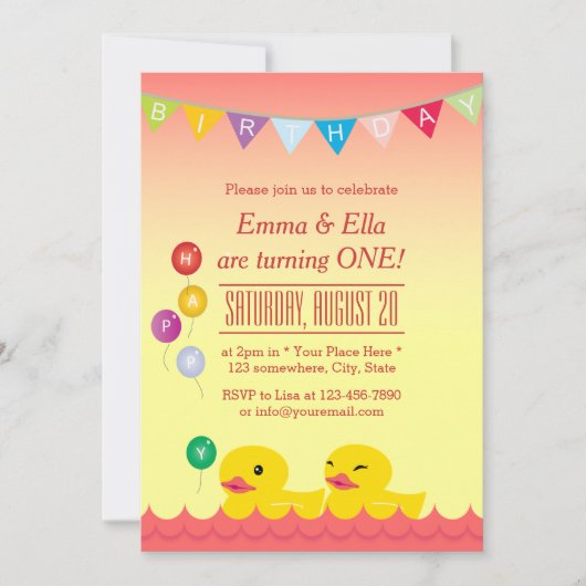 Invitation Cute Rubber Canards Twin Girls Anniversaire (Devant)