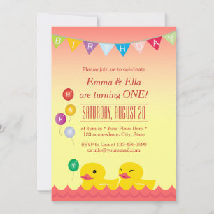 Invitation Cute Rubber Canards Twin Girls Anniversaire