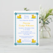 Invitation Cute Rubber Ducks Ribbon Stars Baby Boy Douche (Debout devant)