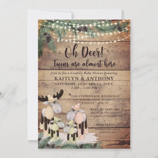 Invitation Cute Russe Winter Deer Couple Baby shower jumeaux (Devant)