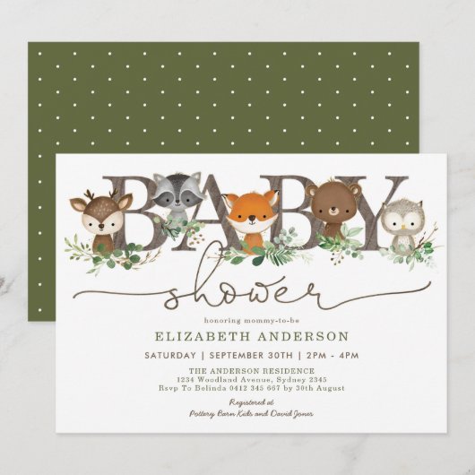Invitation Cute Rustic Woodland Animaux Baby shower botanique (Devant / Derrière)