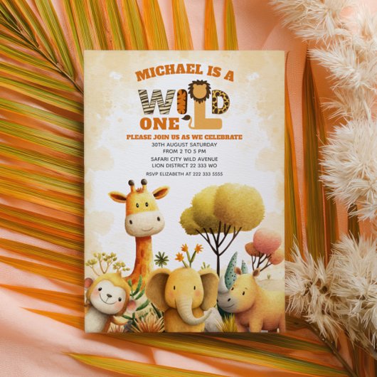 Invitation Cute Safari Animals WILD ONE ZOO 1st Birthday 