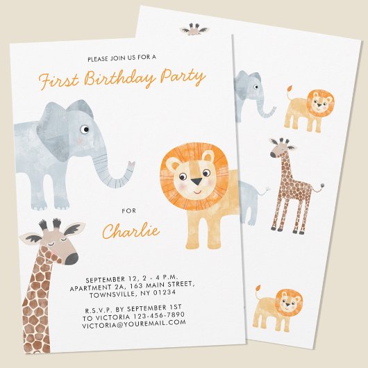 Invitation Cute Safari Animaux 1er Anniversaire