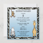 Invitation Cute Safari Animaux Fête d'Anniversaire Bleu (Dos)