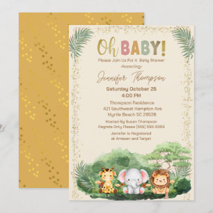 Invitation Cute Safari Animaux Nature Baby shower beige