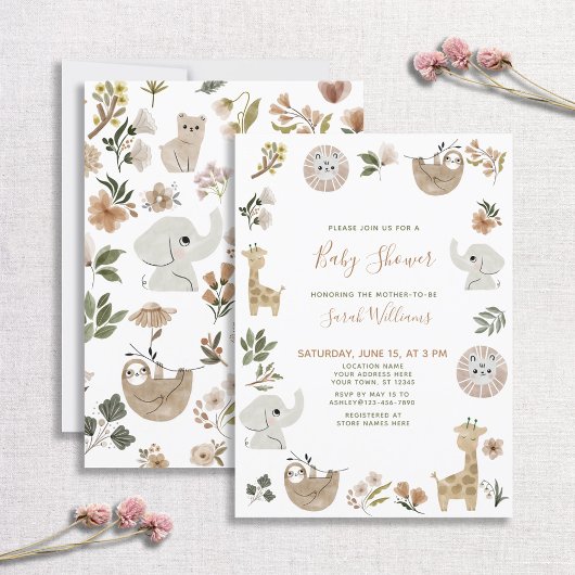 Invitation Cute Safari Animaux Script Baby shower Boho Brown