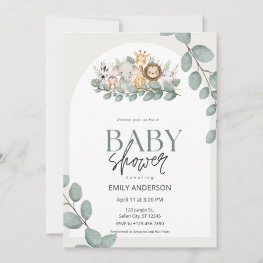 Invitation Cute Safari Jungle Animals Eucalyptus Leaves (Devant)