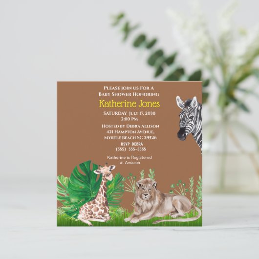 Invitation Cute Safari Jungle Lion Giraffe Zebra Baby shower (Debout devant)
