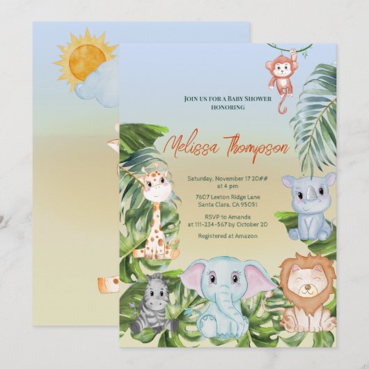 Invitation Cute Safari Jungle Petits Baby showers Animaux (Devant / Derrière)