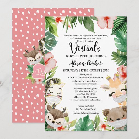 Invitation Cute Safari rose Floral Vert bébé fille virtuelle (Devant / Derrière)