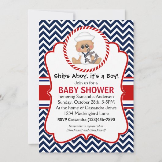 Invitation Cute Sailor Boy Baby shower nautique (Devant)