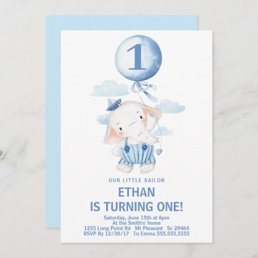 Invitation Cute Sailor Elephant Boy 1er anniversaire (Devant / Derrière)