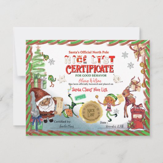 Invitation Cute Santa Elves Official Nice List Certificate (Devant)