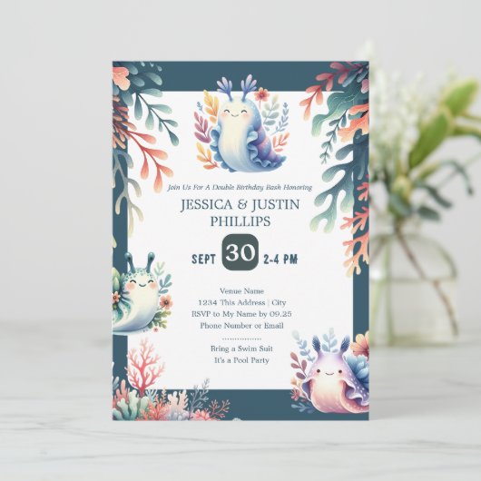 Invitation Cute Sea Slugs Ocean Double Anniversaire Pool Part (Debout devant)