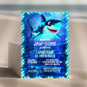 Invitation Cute Shark Neon Glow Blue Pool Party Boys Annivers